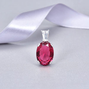 Pure 925 Sterling Silver Oval Shape Red Rhinestone Glass Charm Pendant